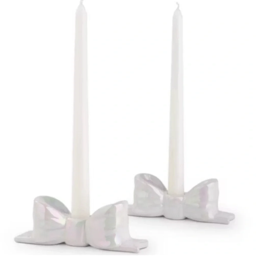 New! Set of 2 Bow Candle Taper Holders, Ceramic White Iridescent